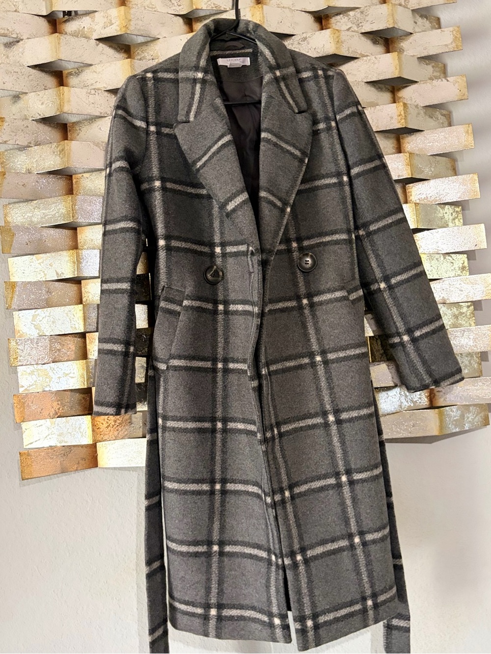 Women's Grey Plaid Long Trench Coat by